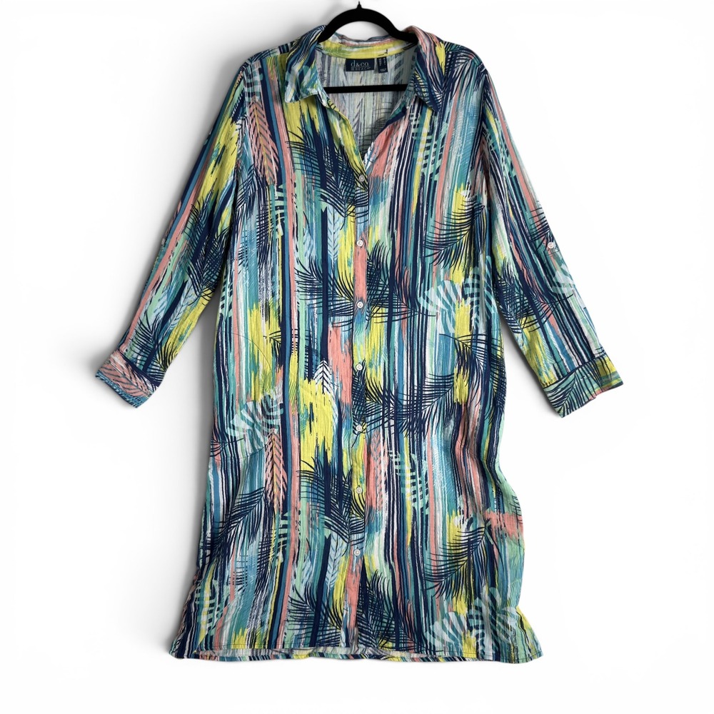 D&Co Beach Tropical Palm Stripe Shirt Dress Women Med Blue Yellow Coverup Beach